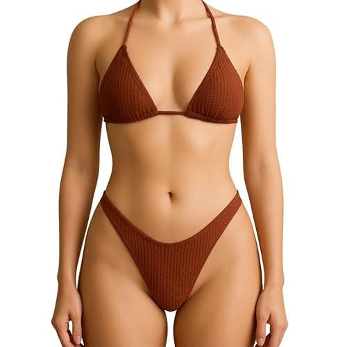 Biquíni Feminino De Amarrar Canelado Cortininha Sem Bojo Asa Delta Praia Marquinha (BR, Alfa, G, Regular, Marrom)