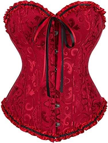 KSHUN Espartilhos femininos com cadarço e barbatanas overbust corpete lingerie de cetim floral corpete modelador corporal top P-7GG, Vinho tinto, G