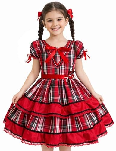Vestido Festa Junina São João Quadrilha Caipira Infantil Rodado Xadrez Boiadeira Vermelho (BR, Alfa, M, Regular, Vermelho e Preto)