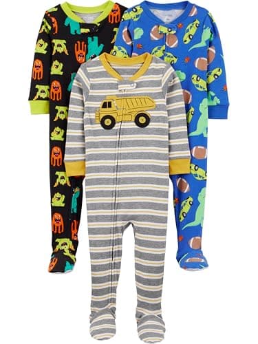 Simple Joys by Carter's Pijama de algodão confortável para bebês e meninos, pacote com 3, Monstro preto, dinossauro azul, listra cinza, 18 Meses