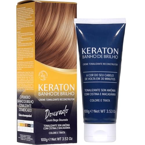 Keraton, Banho de brilho, Creme tonalizante reconstrutor, Sem amônia, Com cistína e macadâmia, Trata e colore, 100g, Dourado, Louro bege dourado