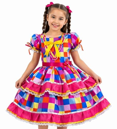 Vestido Festa Junina São João Quadrilha Caipira Infantil Rodado Xadrez Boiadeira Luxo (BR, Alfa, P, Regular, Colorido)