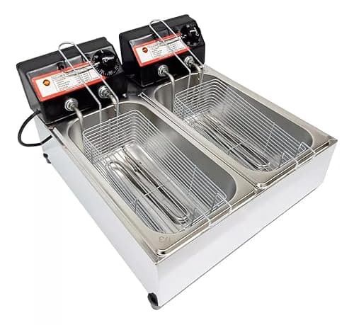 Fritadeira Elétrica com Óleo Industrial Inox, 2 Cubas, 7L 1500W Termostato até 300°C (110V)