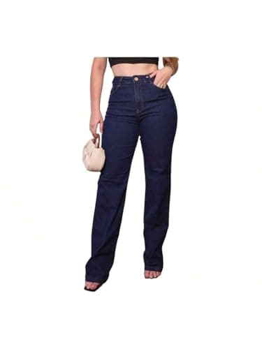 Calça Jeans Feminina Reta de Cintura Alta Tradicional Modelagem Confortável e Estilo Casual Premium (BR, Numérico, 48, Regular, Regular, Azul Marinho)