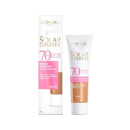 L'Oréal Paris Solar Expertise Efeito Make-Up, Protetor Solar com Cor FPS 70, Cobertura de Maquiagem por até 12h, Tripla Proteção Solar contra raios UVB, UVA, UVA Longo e Luz Visível Cor 3.0, 30g
