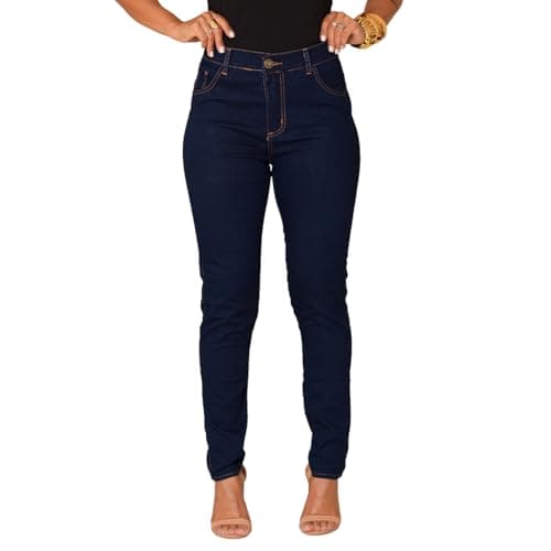 Calça Jeans Feminina Com Lycra Slim Cintura Alta Confortável Estilosa Levanta Bumbum (BR, Numérico, 42, Regular, Regular, Azul Escuro)