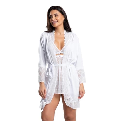 Robe Microfibra Renda IMI Lingerie Hobby Feminino roupão confortável Com Renda Florallys (BR, Alfa, GG, Regular, Regular, Branco)