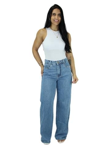 Calça Wide Leg Pantalona 100% Algodão Premium Calça Cargo Wide Leg Feminina Cintura Alta 100% Algodão Blogueira Streetwear (BR, Numérico, 38, Regular, Regular, Azul Claro)