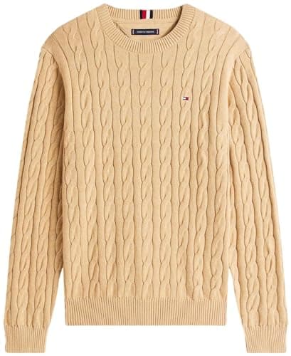 Tommy Hilfiger Suéter masculino emblemático de tricô coleção 2024, Bege básico, GG