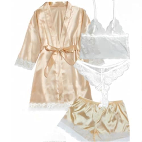 Kit Lingerie Sensual Cetim, Robe Kimono Dourado, 4 Peças, 23x28x1 cm