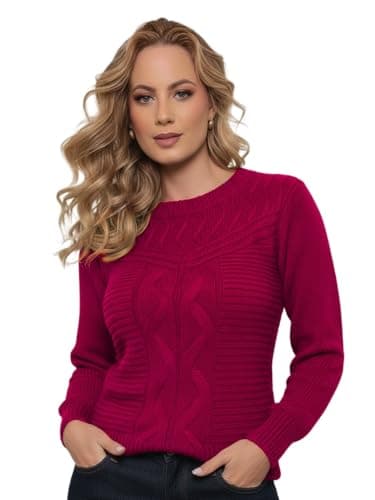 Sueter Feminino Tricot Elegante Blusa de frio Tricô lã Blusa Manga Longa Moda Outono Inverno(Rosa Cereja)