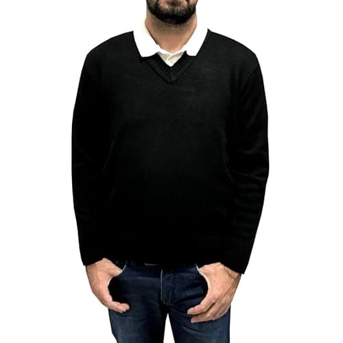 Genérico Suéter Masculino de Malha Tricô, Gola V Fechada, 100% Poliéster (BR, Alfa, G, Regular, Regular, Preto)