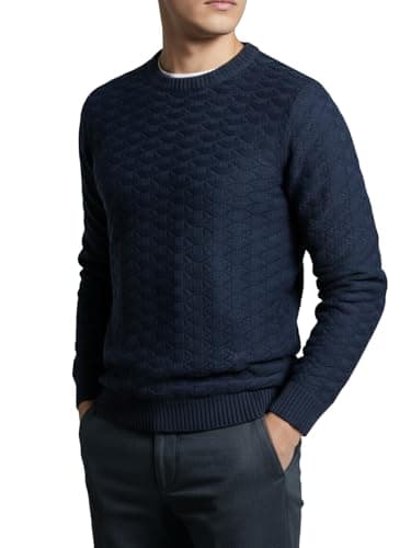 Suéter Masculino em Tricô com Textura, Gola Redonda, Malha Grossa, Design Links, Manga Longa, Disponível em M/G/GG (BR, Alfa, M, Regular, Regular, Azul Marinho)
