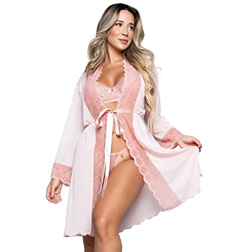 Conjunto Lingerie Com Aro Sem bojo e Robe feminino Sexy em Renda e Tule Combo Linha Noite Cor:Rosê;Tamanho:M