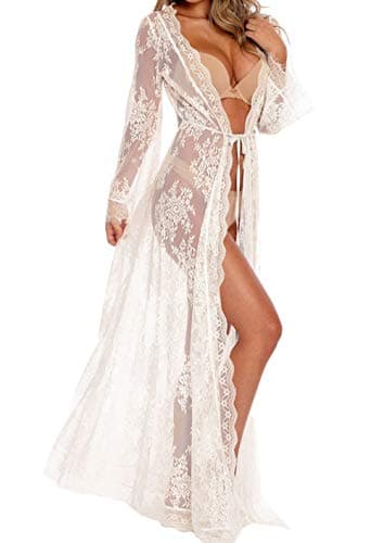 BUTTZO Vestido feminino sexy longo de renda transparente lingerie quimono robe saída de banho, Branco, Tamanho Único
