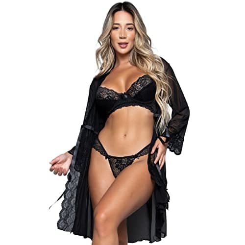 Conjunto Lingerie Com Aro Sem bojo e Robe feminino Sexy em Renda e Tule Combo Linha Noite Cor:Preto;Tamanho:P