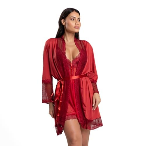 Robe Microfibra Renda IMI Lingerie Hobby Feminino roupão confortável Com Renda Florallys (BR, Alfa, GG, Regular, Regular, Vermelho)