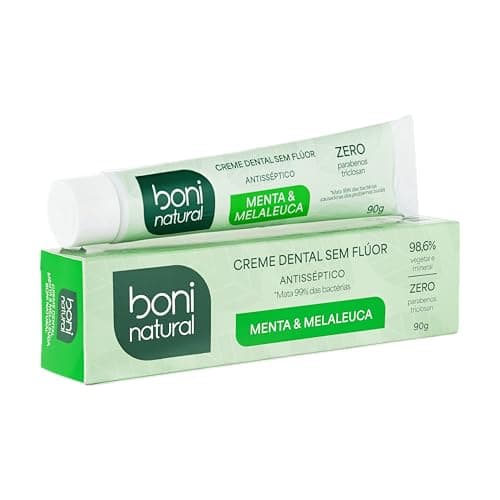 Creme Dental com óleos naturais de Menta e Melaleuca Vegano e Natural, Sem Flúor, Sem Triclosan, Boni Natural, Branco