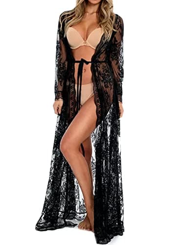 BUTTZO Vestido feminino sexy longo de renda transparente lingerie quimono robe saída de banho, Preto, Tamanho Único