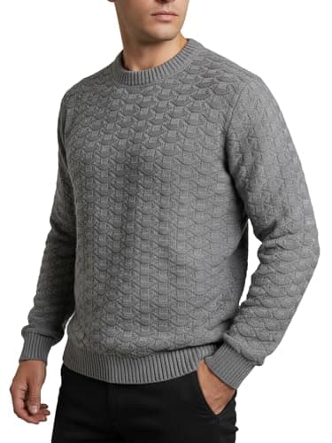 Suéter Masculino em Tricô com Textura, Gola Redonda, Malha Grossa, Design Links, Manga Longa, Disponível em M/G/GG (BR, Alfa, G, Regular, Regular, Chumbo)