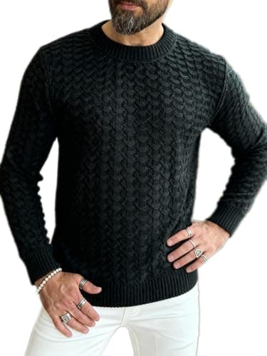 Suéter Masculino em Tricô com Textura, Gola Redonda, Malha Grossa, Design Links, Manga Longa, Disponível em M/G/GG (BR, Alfa, GG, Regular, Regular, Preto)