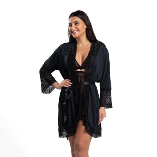 Robe Microfibra Renda IMI Lingerie Hobby Feminino roupão confortável Com Renda Florallys (BR, Alfa, M, Regular, Regular, Preto)