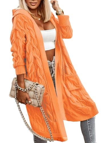 WIFFGO Cardigã com capuz aberto na frente para mulheres, suéteres de tricô grosso, bolsos grandes, comprimento no joelho, casacos longos, I: laranja, G