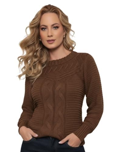 Sueter Feminino Tricot Elegante Blusa de frio Tricô lã Blusa Manga Longa Moda Outono Inverno(Marrom)