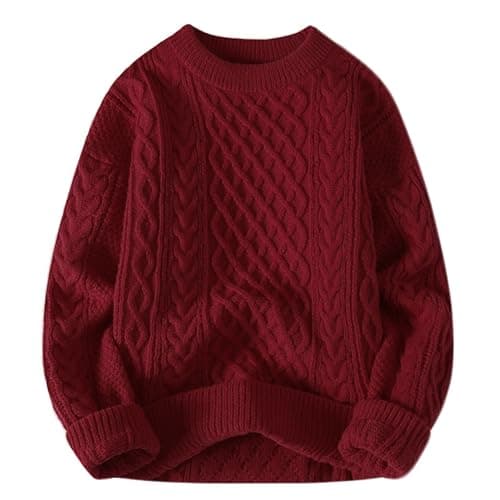 Bestgift Suéter masculino clássico de tricô grosso com gola redonda confortável com borda canelada, Decote redondo vermelho vinho, G
